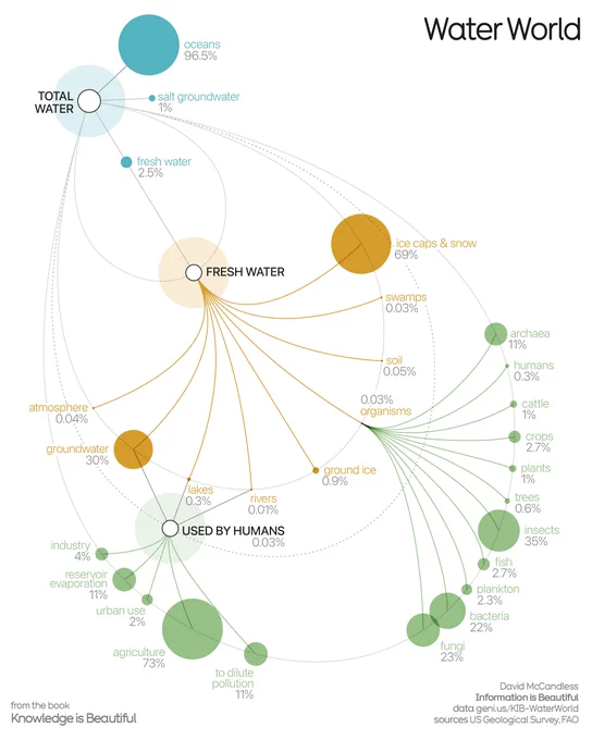 Elegant infographic titled "Water World" showing distribution of Earth's water. Circles represent percentages for oceans (96.5%), freshwater (2.5%), and various subcategories. Highlights freshwater usage, with 69% in ice caps/snow and only 0.03% used by humans. Includes water in organisms like insects
