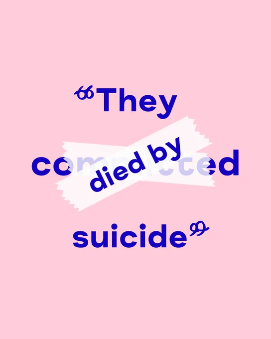 Text "They died by suicide" on a pink background with design elements.
