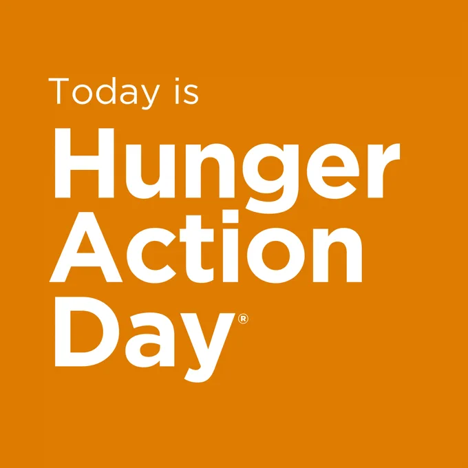 Orange square with white writing that says, "Today is Hunger Action Day"