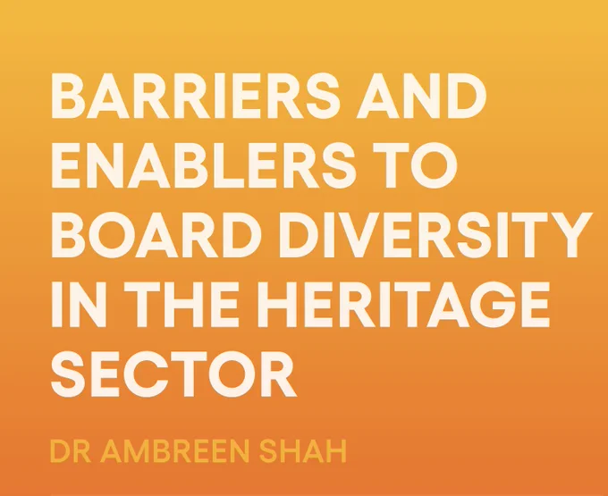 Barriers and enables to board diversity in the heritage sector, Dr Ambreen Shah. Text is all caps, yellow and white, on an orange background.