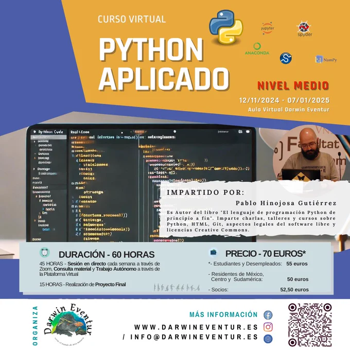 Cartel del curso Python Aplicado - Nivel medio. Viene toda la información, y un código QR para que vayas directamente a nuestra web