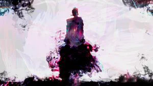 A digital painting of a person in pinks and purples.