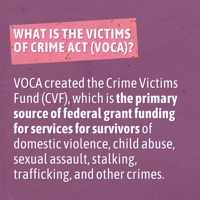 Against a purple background, white text reads: “What is the Victims of Crime Act (VOCA)? VOCA created the Crime Victims Fund (CVF), which is the primary source of federal grant funding for services for survivors of domestic violence, child sexual abuse, sexual assault, stalking, trafficking, and other crimes.”