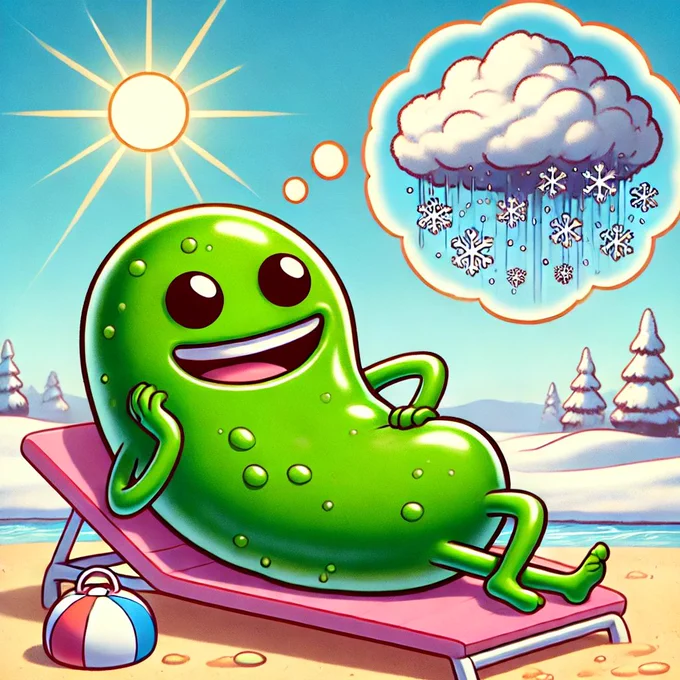 A cartoon of an anthropomorphized cyanobacterium with smooth green skin, lying on a pink beach lounge chair under a bright sun. The cyanobacterium has large, happy eyes and a wide smile, looking relaxed as it leans back with one arm behind its head. In a thought bubble above its head, there's an image of a cloud with snowflakes falling from it, indicating it is thinking about winter weather. In the background, there are snowy trees and a clear blue sky, blending both summer and winter elements.