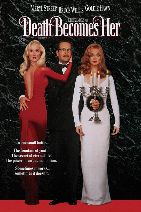 Death Becomes Her film poster. Text at the top with tall thin text says Meryl Streep, Bruce Willis, Goldie Hawn. Below this it says Death Becomes Her. Each first letter has a swirly shape on the left hand side of the text. Meryl Streep is in a backless red long dress with long sleeves. Her head is on the wrong way and one hand is holding onto Bruce Willis who has glasses, a moustache and wearing a bow tie and suit. Goldie Hawn has a hole in her stomach and in the stomach and arm is holding a light holder that has 5 lit candles. Text at the bottom says in one small bottle... The fountain of youth. The secret of eternal life. The power of an ancient potion. Sometimes it works...sometimes it doesn't. 