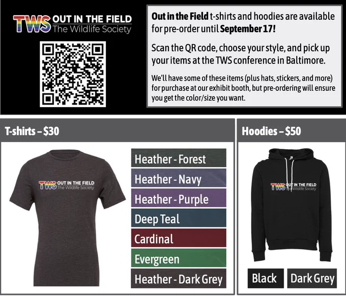 Alt text: a preorder flyer for OiTF merch. Top left shows the rainbow OiTF logo, with a QR code under that. To the right is a white box with text about the preorder (see post caption above). Below that, on the bottom left, is a gray t-shirt ($30) with the OITF logo, as well as color options (heather forest, heather navy, heather purple, deep teal, Cardinal, evergreen, heather dark gray). To the right is a black hoodie ($50) with the OITF logo, with color options of black or dark gray.