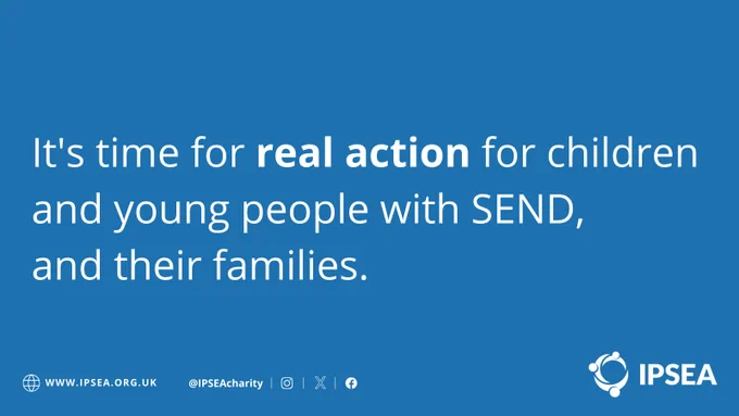 Dark blue background with white text which reads: "It's time for real action for children and young people with SEND, and their families"