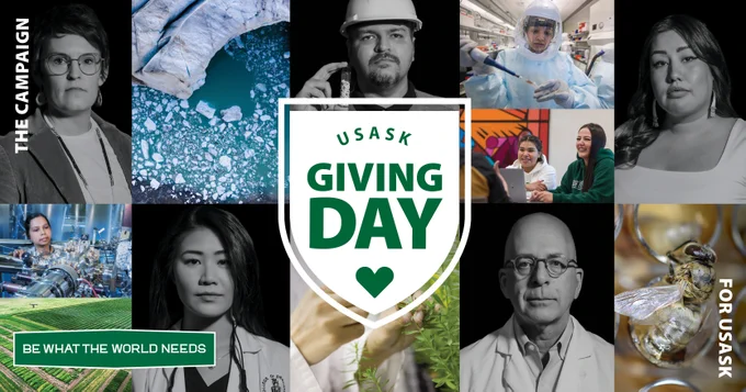 Collage of diverse individuals featured for the University of Saskatchewan Giving Day campaign, including images of people in various professional and academic settings with the central logo reading 'USask Giving Day – Be What the World Needs.'