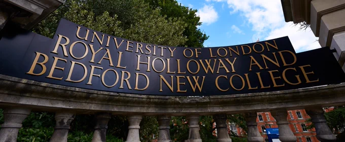 Sign outside campus 'University of London, Royal Holloway and Bedford New College'
