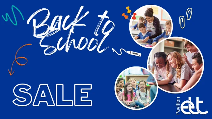 A navy blue background, with three circular images on the right hand side showing images of children and teenagers at school. Alongside coloured arrows, lines and paperclips there is the text: BACK TO SCHOOL SALE 