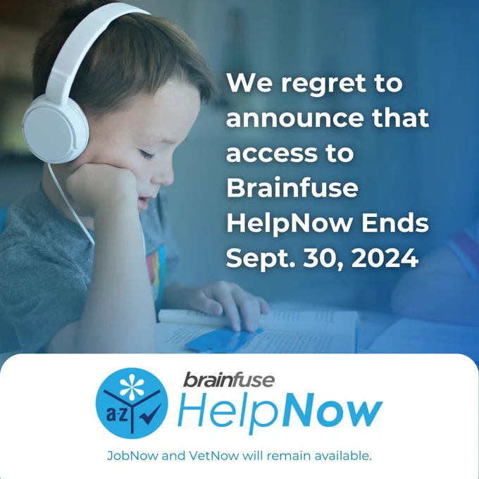 Young student studying with headphones. We regret to announce that access to Brainfuse HelpNow ends Sept. 30. JobNow and VetNow will remain available.