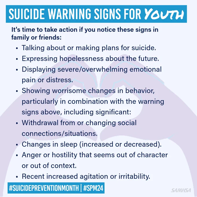 An informative image listing suicide warning signs for youth, including changes in behavior, sleep patterns, and emotional state. It highlights the importance of taking action and mentions Suicide Prevention Month, labeled with hashtags #SuicidePreventionMonth and #SPM24, and credited to SAMHSA.