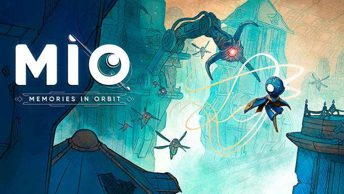 Main Art of MIO: Memories in Orbit. Mio is in the air, hair blowing in the wind, pursued by various flying robots and large machines. On her left, we can read "MIO" and "MEMORIES IN ORBIT".