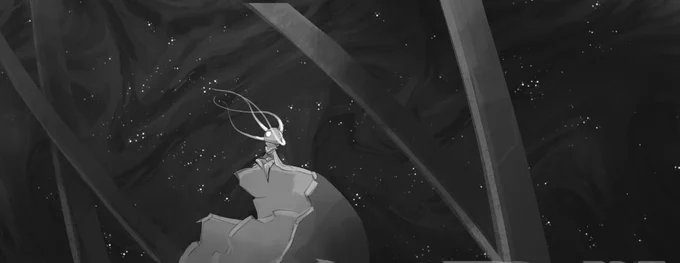 Sketch of MIO's main artwork. Mio is sitting on a broken sphere, her hair in the wind and surrounded by a starry sky.