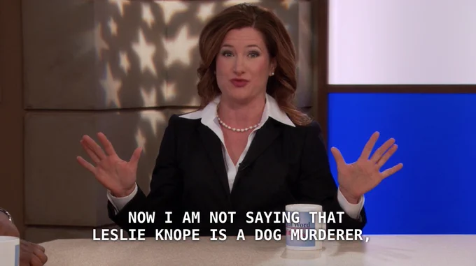 Jen saying "Now I am not saying that Leslie Knope is a dog murderer"