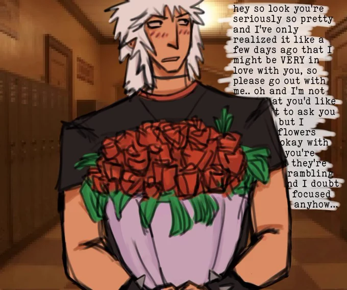 text behind jiraiya: "hey so look you're seriously so pretty and I've only realized it like a few days ago that I might be VERY in love with you, so please go out with me.. oh and I'm not sure what you'd like as a gift to ask you out with but I assumed flowers would be okay with you since you're pretty and they're pretty I'm rambling too much and I doubt you've even focused on all that anyhow..."