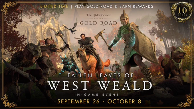 The graphic displays adventurers of West Weald and rewards with the following text: Limited Time | Play Gold Road & Earn Rewards | Fallen Leaves of West Weald in-game event (September 26-October 8)