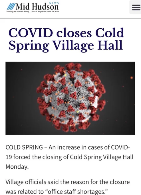 COVID closes Cold Spring Village Hall

COLD SPRING – An increase in cases of COVID-19 forced the closing of Cold Spring Village Hall Monday.

Village officials said the reason for the closure was related to “office staff shortages.”