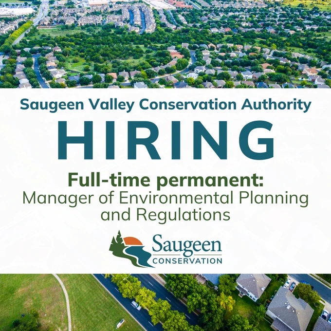 An aerial view of a suburban area with neatly arranged homes and green spaces. Above, the text reads 'Saugeen Valley Conservation Authority HIRING Full-time permanent: Manager of Environmental Planning and Regulations.' The Saugeen Conservation logo is displayed at the bottom.
