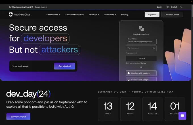 Auth0 home page with two callouts for Dev Day