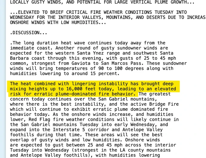 Screenshot of a National Weather Service report. Highlighted is a section that says "the heat combined with lingering instability has brought deep mixing heights up to 16,000 feet today, leading to an elevated risk for arratice plume-dominated fire behavior.