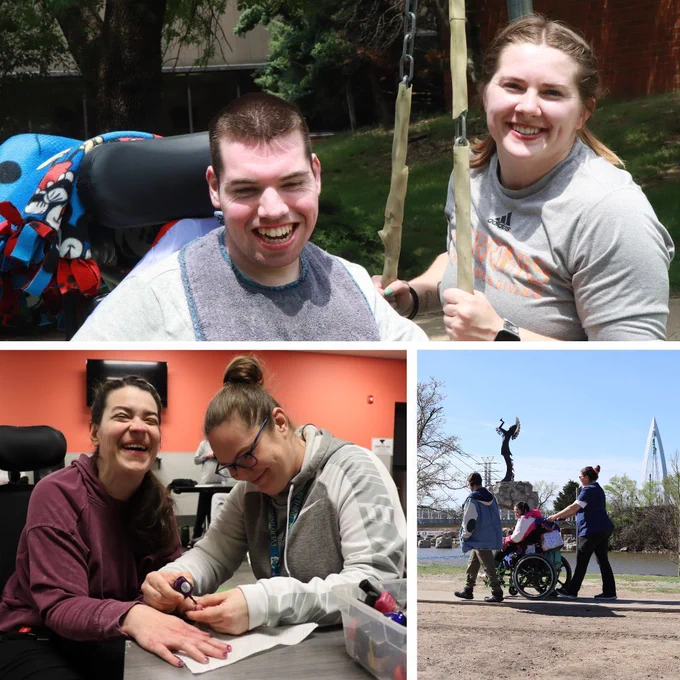 A photo collage of Adult Day Services Direct Support Professionals doing various activities with clients.