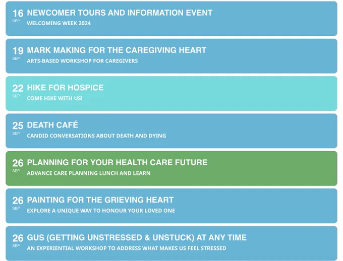 Screenshot of various upcoming events