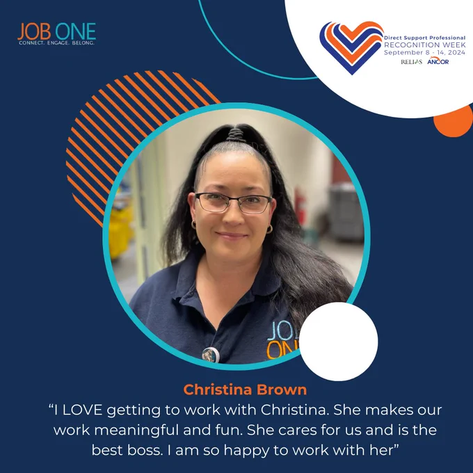 blue graphic with orange, white, and teal circle elements. The Job One logo and DSP logo are on the graphic. In the center of the graphic is a photo of a woman wearing eye glasses and a navy shirt.