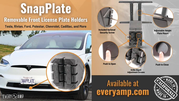 SnapPlate no-drill removable front license plate holders for Tesla, Rivian, Ford, Polestar, Chevrolet, Cadillac, and more.