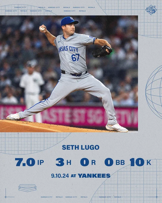 Seth Lugo's pitching line for September 10 at the New York Yankees:
7.0 innings, 3 hits, 0 runs, 0 walks, 10 strikeouts.

Pictured:
Seth Lugo mid-pitching delivery at Yankee Stadium. (Photo by Michael Urakami/Major League Baseball)