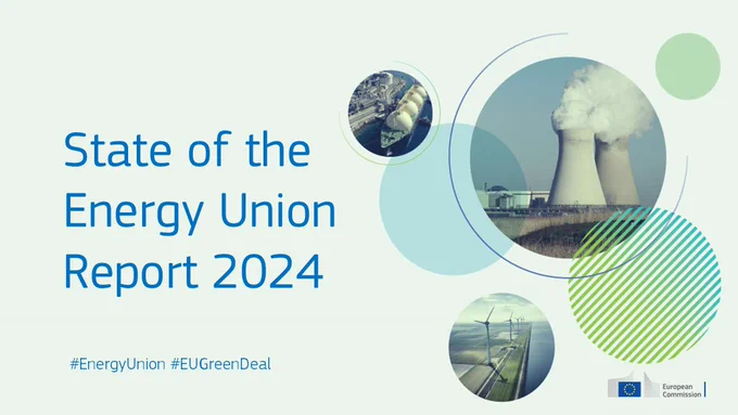 State of the Energy Union Report 2024. Photos on the right illustrating LNG, windpower and nuclear energy.