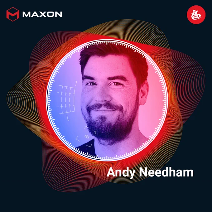 Promotional image featuring Andy Needham for Maxon, with a smiling portrait centered inside abstract, colorful shapes and graphics with the Maxon logo and IBC logo in the top corners
