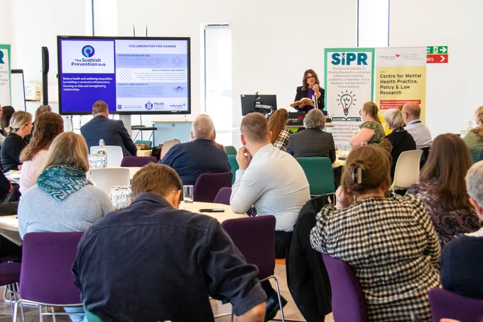 Attendees gather for Policing, Public Health and Vulnerable People at Sighthill campus.