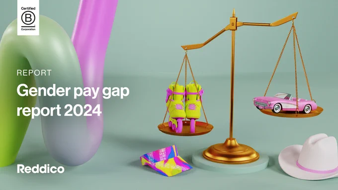 Image of scales and various items with headline - Gender pay gap report 2024