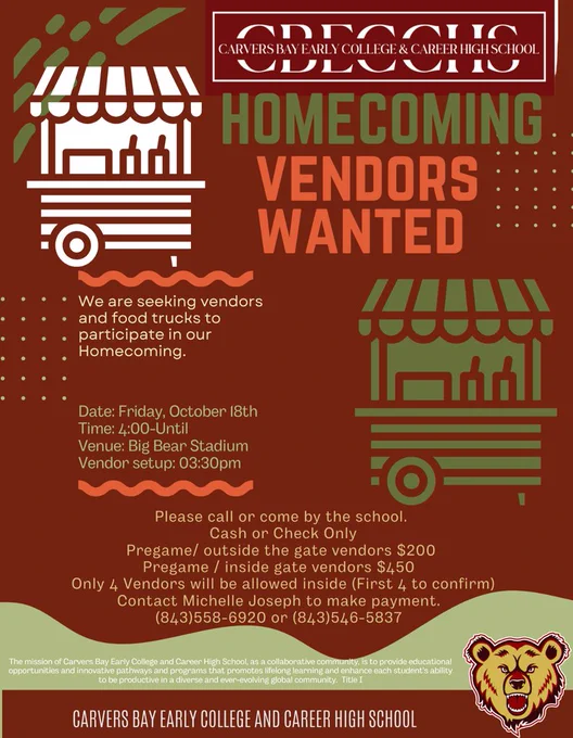 Vendors wanted for homecoming Oct. 18 @ 7:30 PM