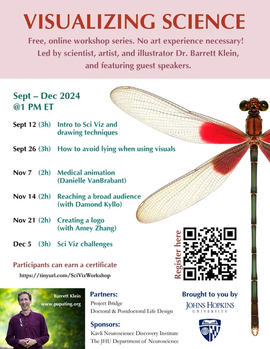 Flyer with the details of the Visualizing Science Workshop Series. Sept–Dec 2024 @1 PM ET. First session is Sept 12 and lasts for 3h, covering Intro to Sci Viz and drawing techniques