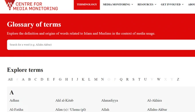 Screenshot of terminology guide from the Centre for Media Monitoring. Red highlights on a white or pale grey background. Centre of the image, under the term "Explore terms", is a clickable alphabet (with greyed-out letters when there are no terms glossed for that letter). At the bottom of the image, we see "A" followed by four columns of terms related to Islam and Muslims that start with "A".