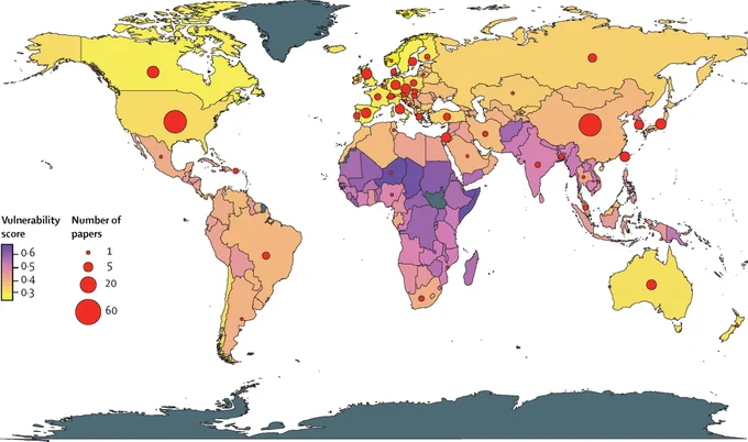 Country-specific vulnerability to climate disruption and sources of papers included. Copyright: Elsevier Ltd. All rights reserved.