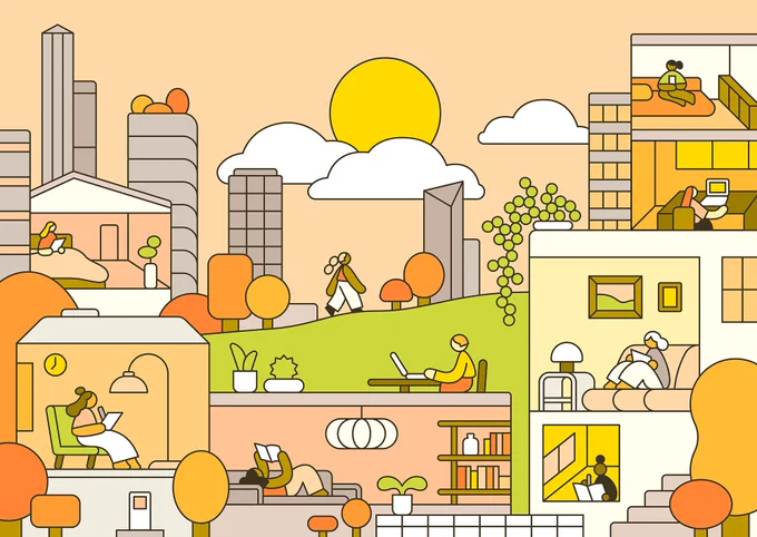 Illustration of buildings with people reading or writing inside them. 