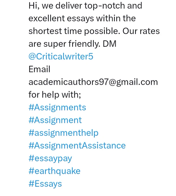 Hi, we deliver top-notch and
excellent essays within the
shortest time possible. Our rates
are super friendly. DM
@Criticalwriter5
Email
academicauthors97@gmail.com
for help with;
#Assignments
#Assignment
#assignmenthelp
#AssignmentAssistance
#essaypay
#earthquake
#Essay