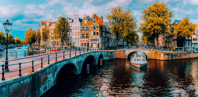 shot of canals and bridges in Amsterdam