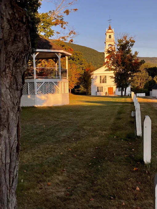 The town green in Wentworth, New Hampshire as the sun sets.