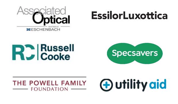 6 logos – Top row, left to right: Associated Optical – Partner of Eschenbach and EssilorLuxottica. Second row, left to right: Russell-Cooke and Specsavers. Bottom row: The Powell Family Foundation and Utility Aid.