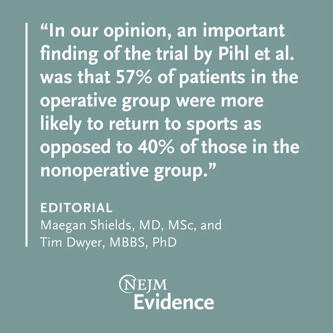 “In our opinion, an important finding of the trial by Pihl et al. was that 57% of patients in the operative group were more likely to return to sports as opposed to 40% of those in the nonoperative group.” 

EDITORIAL
Maegan Shields, MD, MSc, and Tim Dwyer, MBBS, PhD