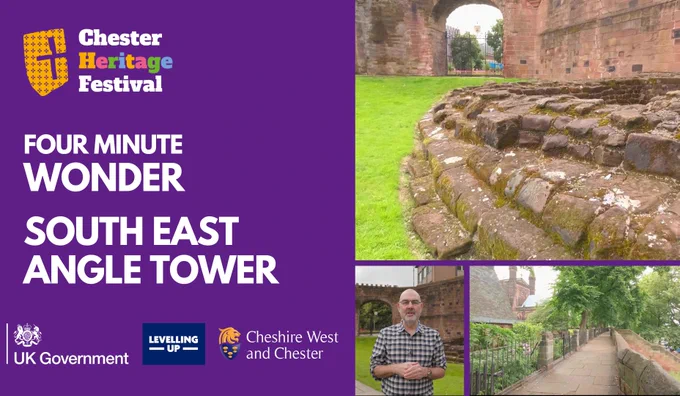 The image put together for promoting this online Four Minute Wonder event is made up of different parts. The left hand square is purple and has the Chester Heritage Festival logo and the Title of the Four Minute Wonder which is the S. E. Angle Tower. On the right at the top is the remains of the tower and underneath an image of your guide Paul Hyde and  also part of Chester walls.