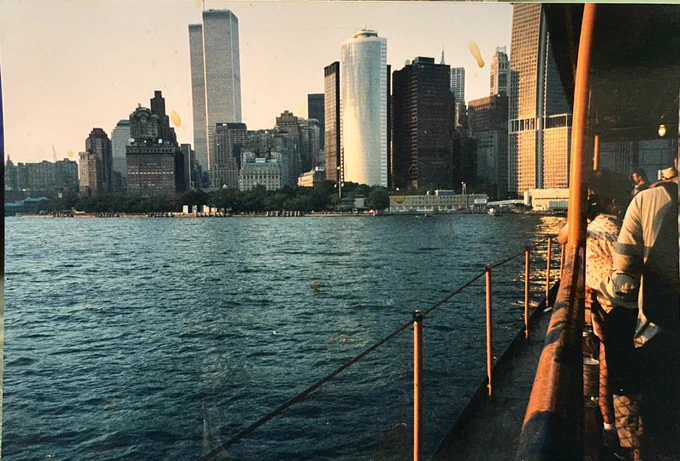 view of Lower Manhattan — with the Twin Towers in frame — from the Staten Island ferry, circa summer 2000
