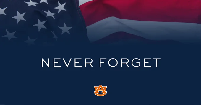 A graphic of an American flag with text that says “Never Forget”