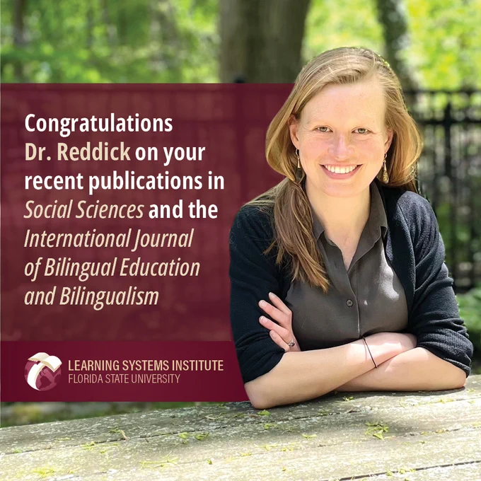 Photo of Dr. Celia Reddick sitting at a table outdoors. The text reads "Congratulations Dr. Reddick on your recent publications in Social Sciences and the International Journal of Bilingual Education and Bilingualism"