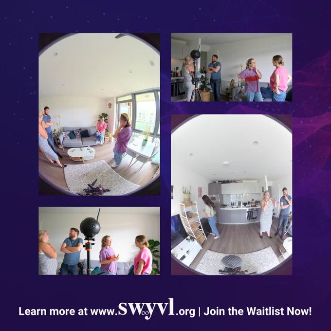The image shows four images of a group of people interacting in a modern apartment, being filmed using a 360-degree camera. Two larger, fisheye-style images show the entire room, capturing the casual setting and individuals in conversation. In the smaller images, the group is seen discussing while the 360-degree camera is positioned in the middle of the room, mounted on a tripod. The background is purple with a tech-style design. The text at the bottom reads: “Learn more at www.swyvl.org | Join the Waitlist Now!”