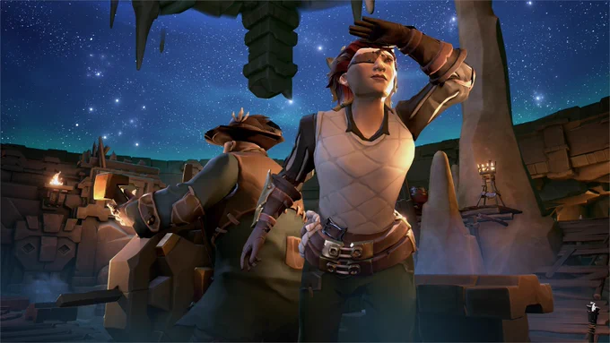 Pirates stand in an ancient temple, solving a star-based puzzle.